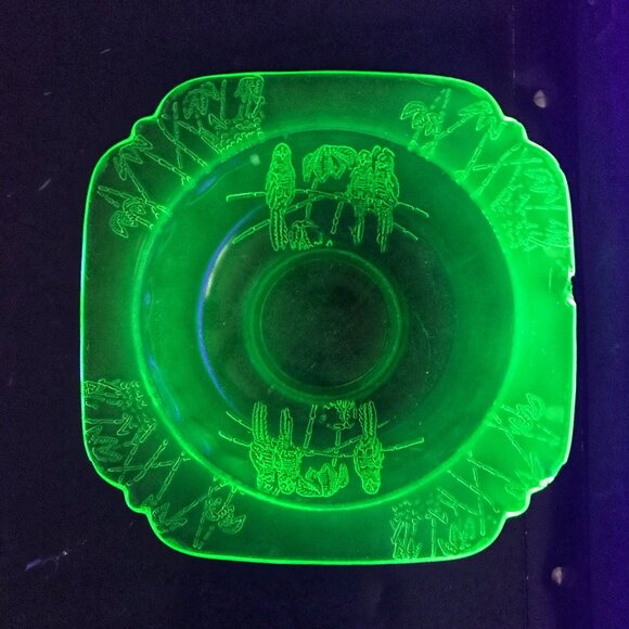 Vintage Green Uranium Vaseline Sylvan Federal Glass Parrot Bowl Plate Used - Picture 1 of 7